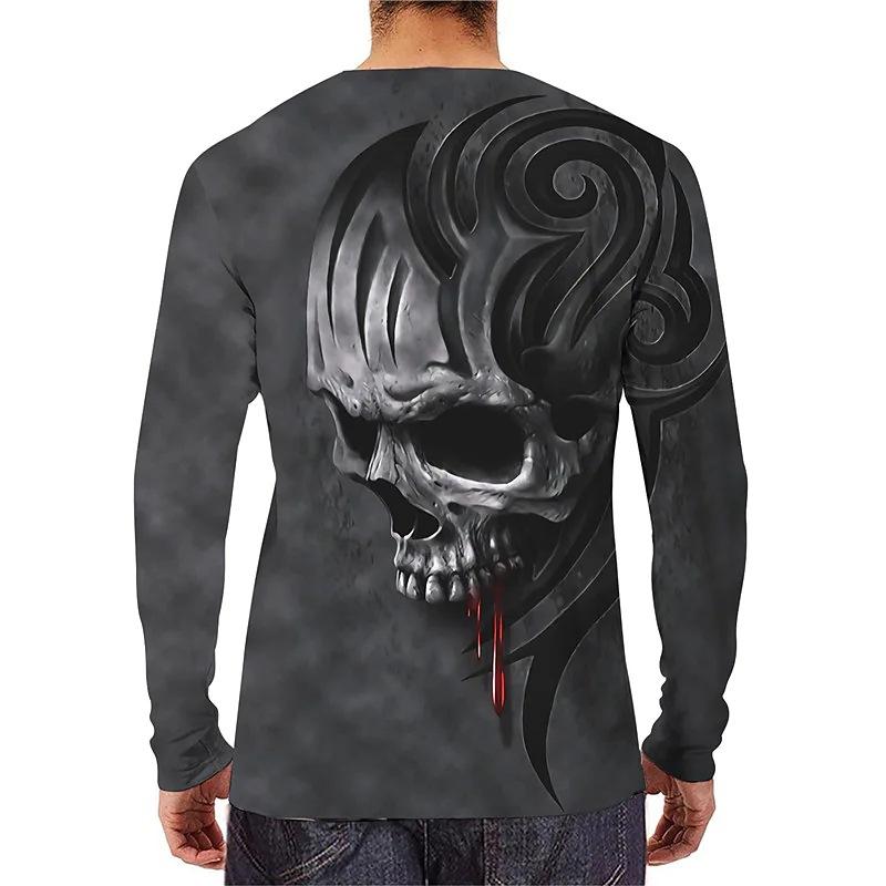 Men'S Skull 3D Digital Printing Casual Sports Long Sleeve Crew Neck T-Shirt