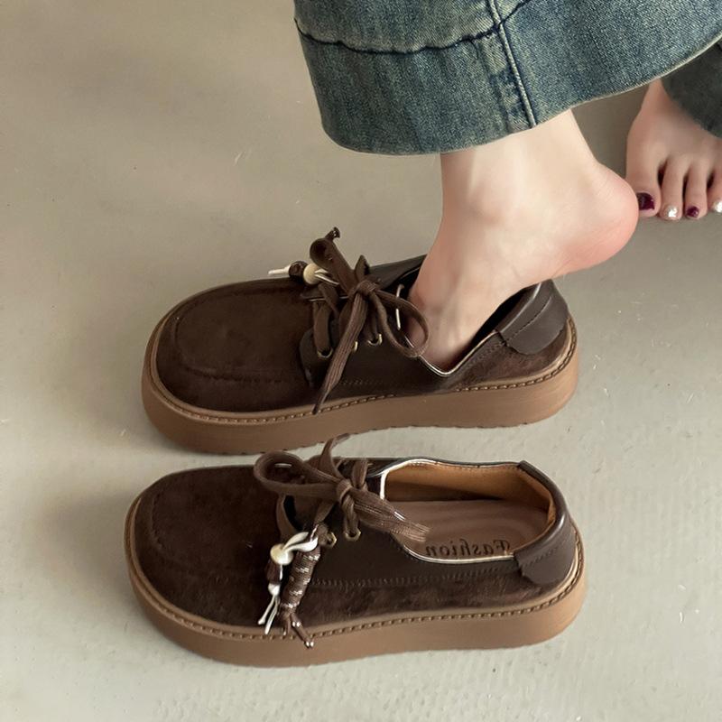 Retro British Style Small Leather Shoes Women's Fashion Big Head Single Shoes Design Sense Brown Loafers Platform Heightening Casual Shoes