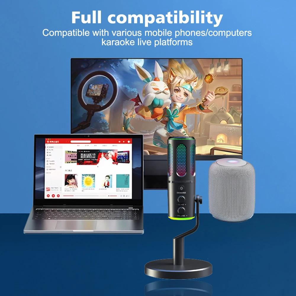 Professional RGB Condenser Microphone for Laptop USB PC Mic with Earphone Jack for Gaming Streaming Video Recording Broadcast