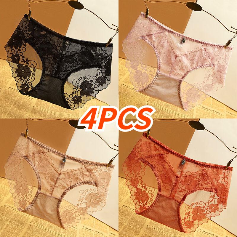 4PCS Women Sexy Lace Panties Female Underpants Breathable Lingerie Temptation Transparent Intimates Underwear
