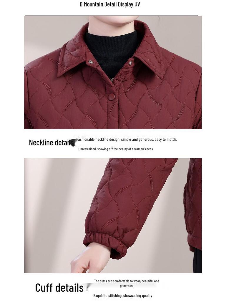 Lightweight Autumn/Winter Cotton Jacket for Middle-Aged & Elderly Women - Solid Color Casual Outerwear with Lapel