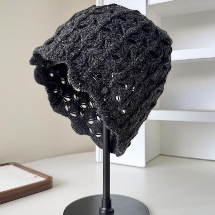 Wool Knitted Baotou Hat Autumn and Winter Warm Cold Hat Fashion Hollow Handmade Crocheted Pullover Hat Fashionable Women's Cold Hat
