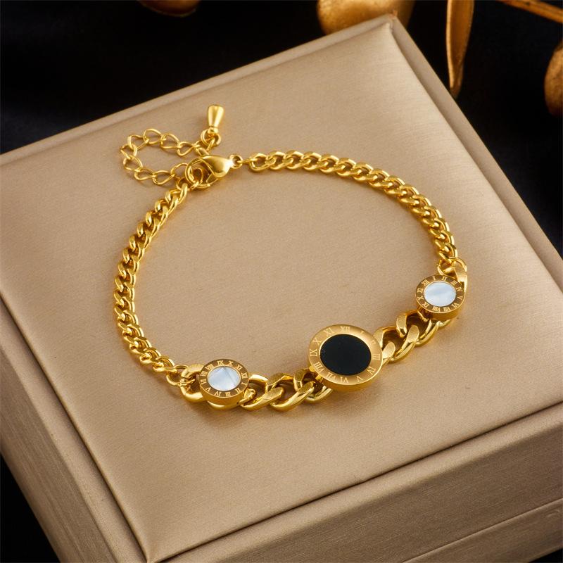 Браслет-бангл из 18-каратного золота с ракушкой, ониксом и римскими цифрами, Изящная кубинская цепочка для женщин, Модные украшения золотой