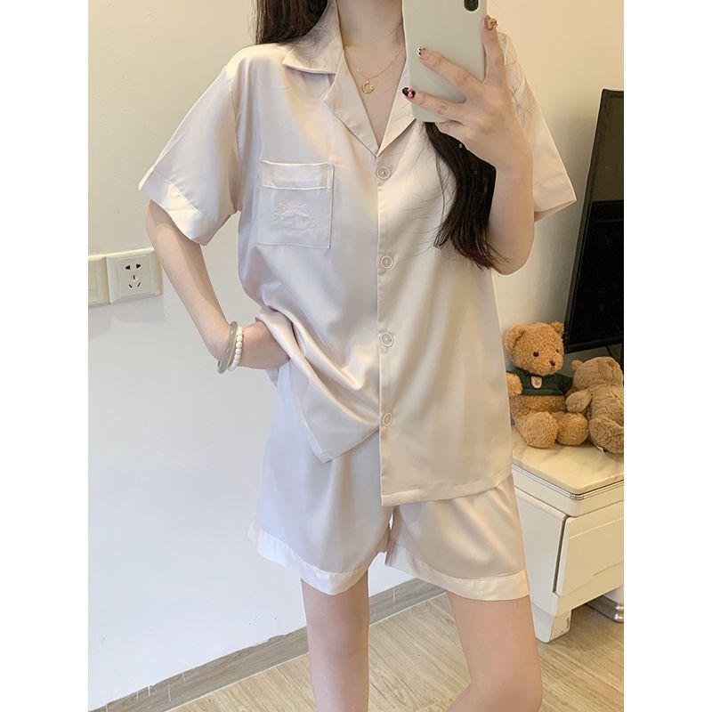 Women s Ice Silk Viscose Pajama Set - Short Sleeves & Shorts for Casual Outdoor & Home Wear, Lapel Design, Perfect for Summer XL-2XL