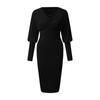 Women Sexy Deep V-Neck Drawstring Pleated Hip Skirt Long Sleeve Tight Dress