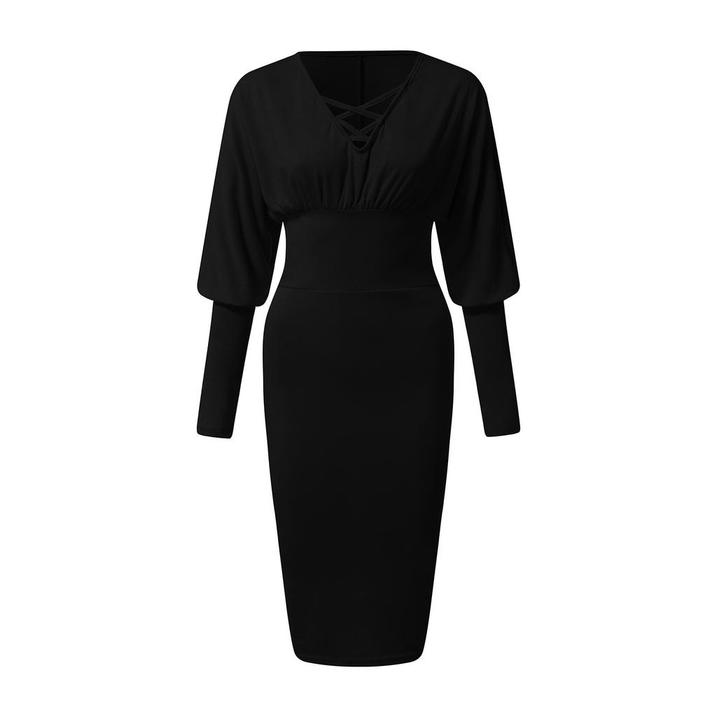 Women Sexy Deep V-Neck Drawstring Pleated Hip Skirt Long Sleeve Tight Dress