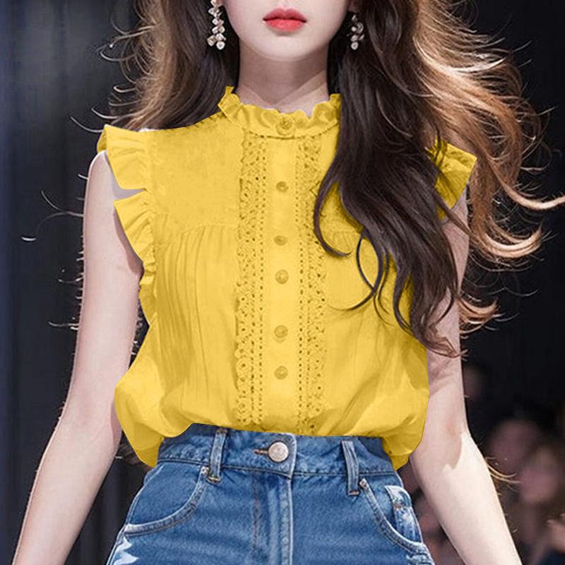 

VONDA Женские летние кружевные рубашки без рукавов с круглым вырезом и оборками 4XL жёлтый