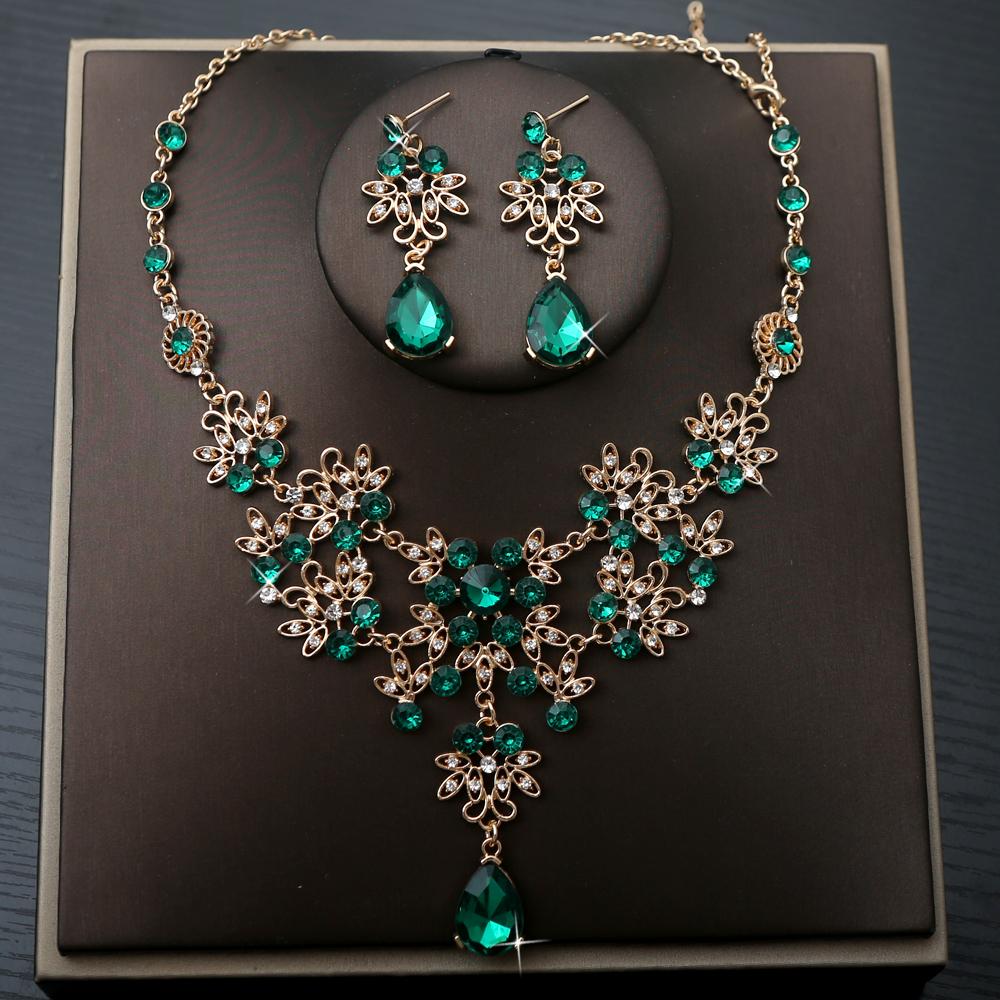 

3 шт. Дворцовый Классический Стиль Барокко Кристалл Свадебный Стразы Ожерелье Серьги Высококлассный Роскошный Банкет Вечеринка Платье Набор Цирконий 57cm зелёный