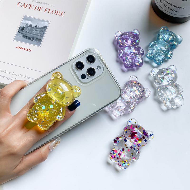 Supporto a Airbag Trasparente per Cellulare a Forma di Orso, Colore Misto con Paillettes, Supporto a Cuscino d'Aria Tridimensionale di Nicchia per Desktop