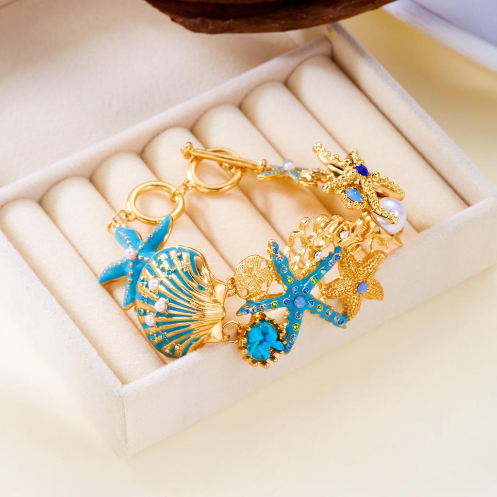 Vintage Ocean Inspired OT Clasp Bracelet for Women Exaggerated Metal Enamel Starfish Shell Coral Style Bracelet Boho Jewelry