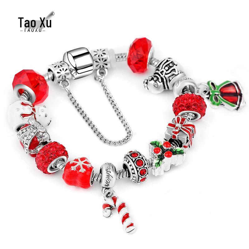 Red Crystal Christmas Bracelet: European-American Style Beaded Hand Jewelry 17 cm