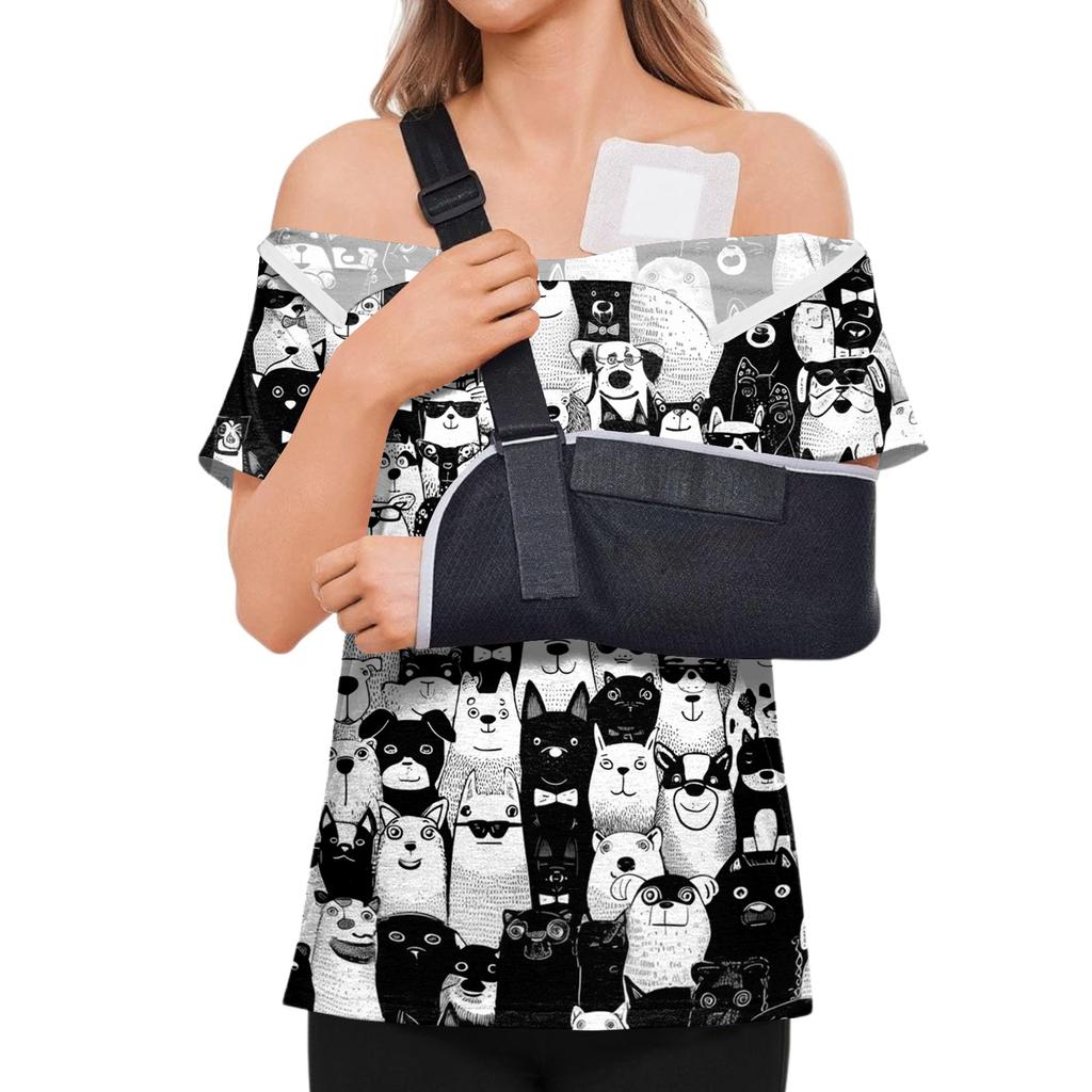 Post Surgery Shirt for Women Animal Print Short Sleeve Top with Shoulder Zipper Side Velcro Closure Comfortable Fit Recovery Wear