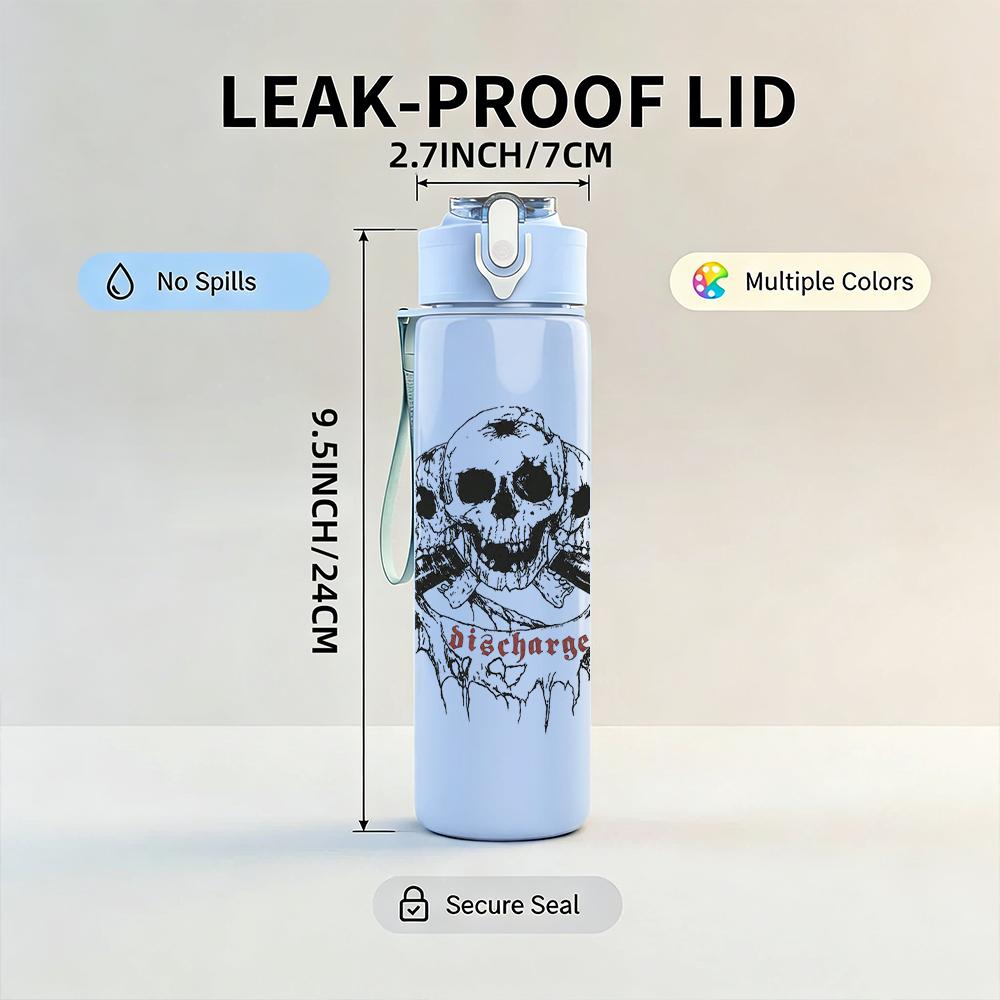 1PC Skull grunge circular band print 750ml colorful plastic sports water bottle leakproof pop up lid with straw for outdoor work home use