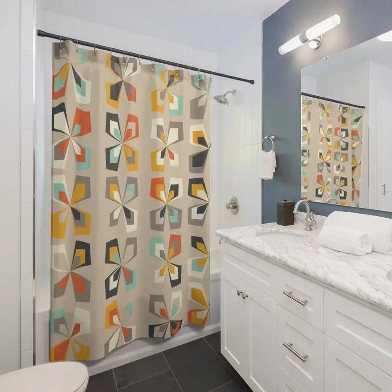 Retro 60S-70S Mid Century Modern Shower Curtain - Abstract Vintage Floral, Brown Orange & Teal, Mcm Bathroom Decor