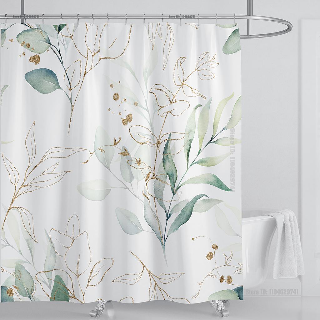 Watercolor Leaves on The Top Plant with Floral Bathroom Greenery Leaf Decoration Watercolor Botanical Shower Curtain with Hooks