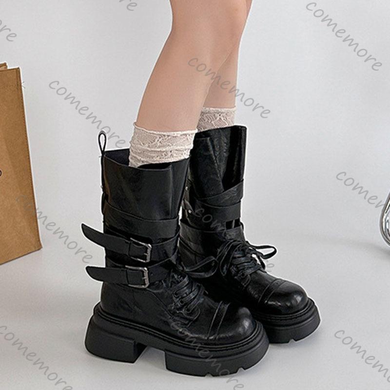 Fashion Comemore Thick Bottom Heightening Short Boots Women's 2025 New Autumn Suede Belt Buckle Punk Style Solid Mid-calf Bota Femininas