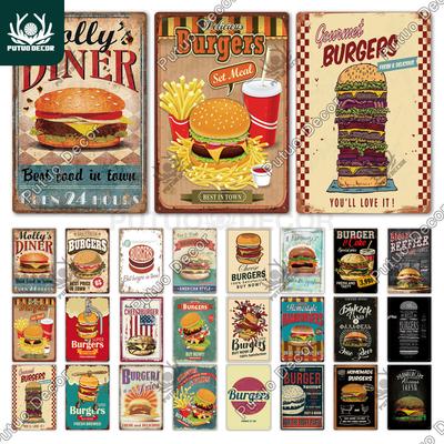 Dekor Hamburger Fast Food Plakette Metall Vintage Blechschild Restaurant Wandposter für Küche Café Diner Bar Eisenmalerei