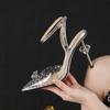 Fashion Pointy Transparent Sandals 2024 New Summer Leather Net Red With A Line With Rhinodrill High Heels Female Stiletto Bun Head