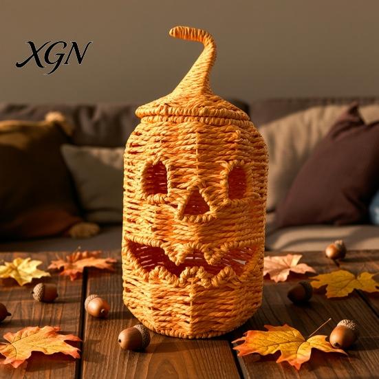 Handmade Fall Decor Handwoven Halloween Pumpkin Basket, Spooky Candy Storage Basket with Lid, Vintage Wicker LED Lantern for Light Up Candle