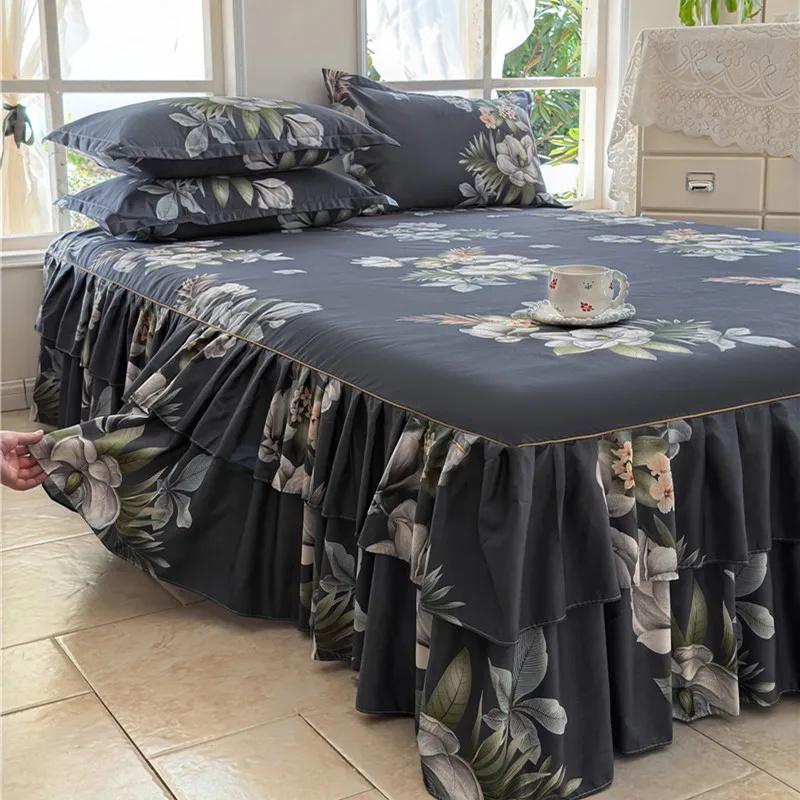 Ruffle Skirt Bedspread Home Textile Printed Bed Skirt Bedroom Coverlets Bedspreads Sheets Dust Cover Bedding 3PCS/Set