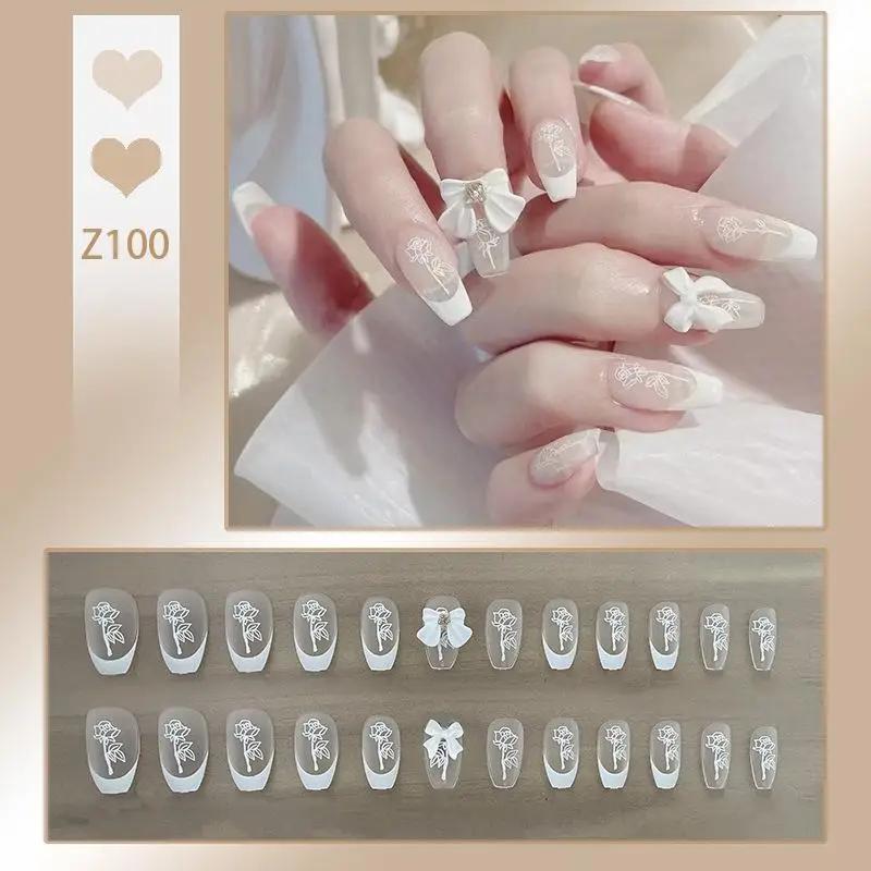Press On Acrylic Fake Nails Set with Glue High Quality Handmade Nail Extension French Tips Woman False Short Nails Press Ons