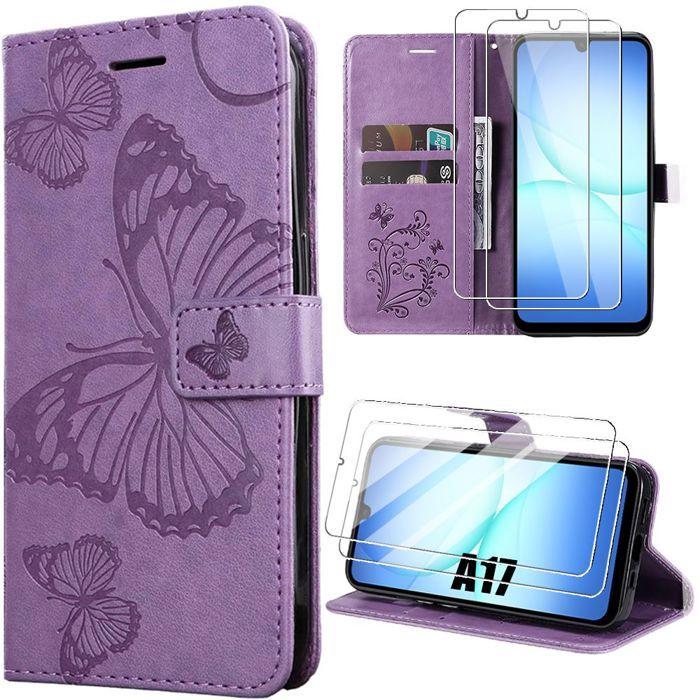 Coque de Téléphone - BOOLING - pour Samsung Galaxy A17 4G/5G - Cuir PU Motif Papillon Violet - 2 Vitres