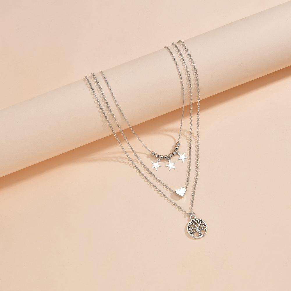 New star tassel love tree of life pendant multi-layered women's alloy silver necklace