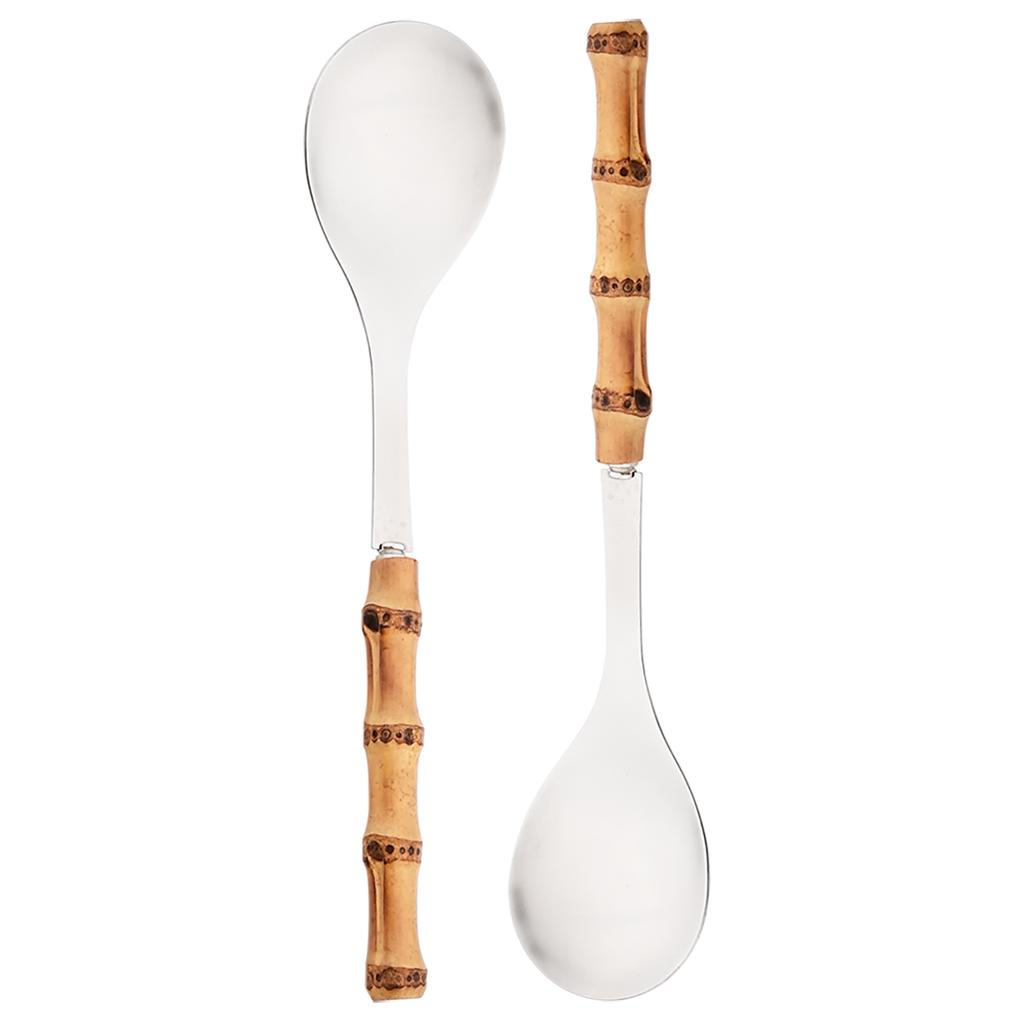 2Pcs/set Bamboo Wooden Handle Big Leaky Spoon Stainless Steel Tableware Long Handle Serving Spoon Fork Kitchen Cutlery Set