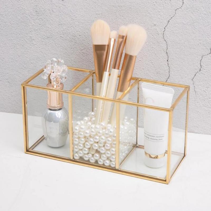 Premium Glas Make-up Pinsel Organizer mit Goldrand Kosmetik Pinselhalter für Lippenstifte Eyeliner Wasserdichte Staubdichte Aufbewahrungsbox