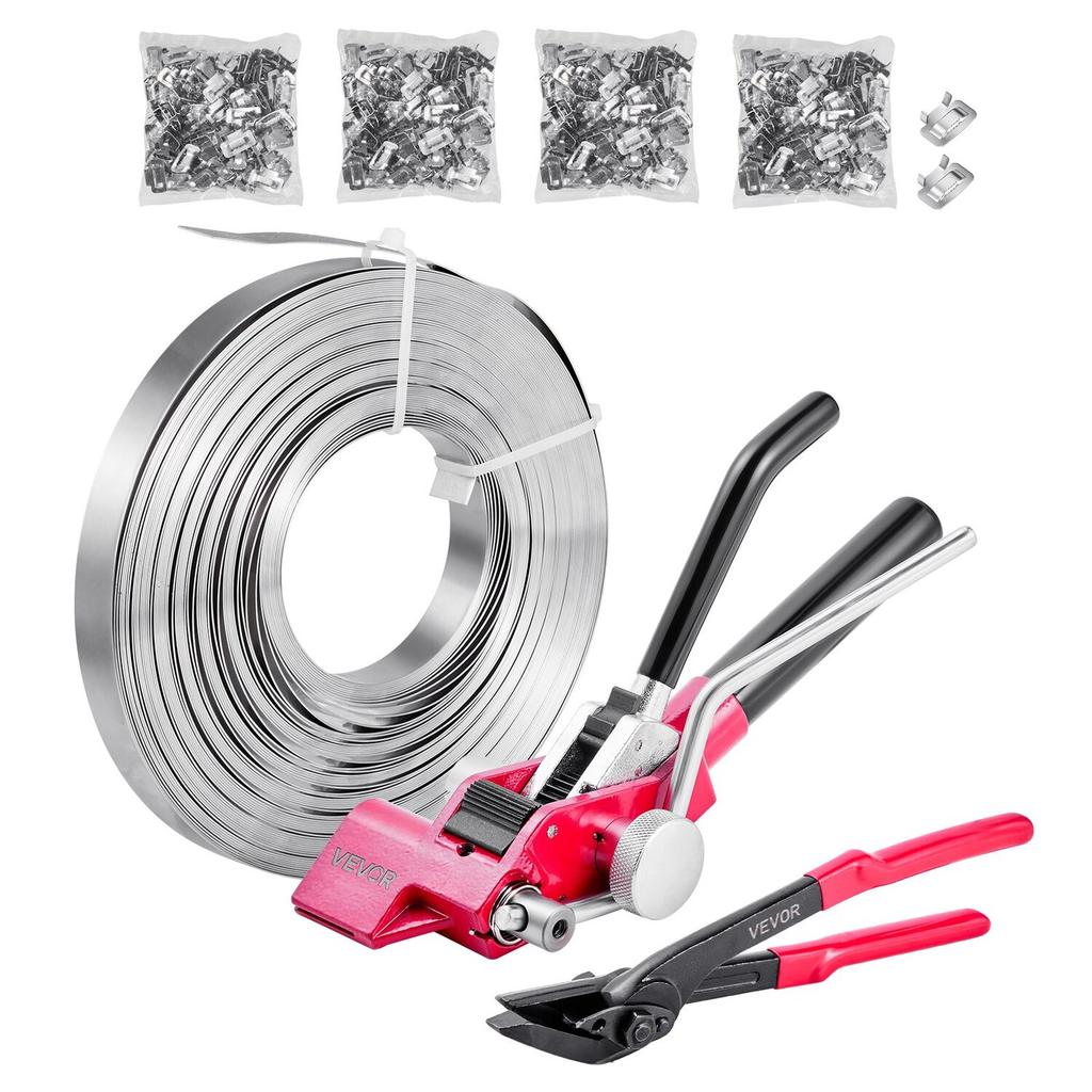 Steel Banding Strapping Kit, Heavy Duty Banding Sealer Tool with 122 M Binding Straps, 400 Metal Clasps, Manual Pallet Packaging Strapping Kit for