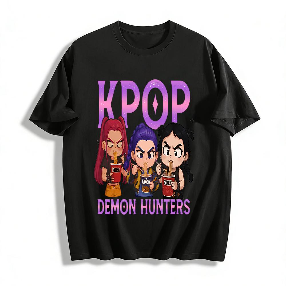 

KPOP Demon Hunters Cartoon Girl Group Noodle Print Tshirt Trendy Anime Loose Casual Top Pure cotton T-shirt 6XL