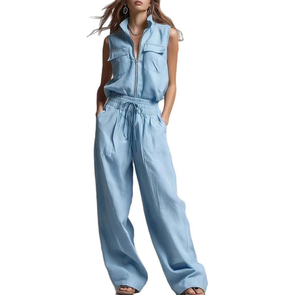 Women Sleeveless Stand Collar Front Zipper Pocket Drawstring Waist Wide Leg Set