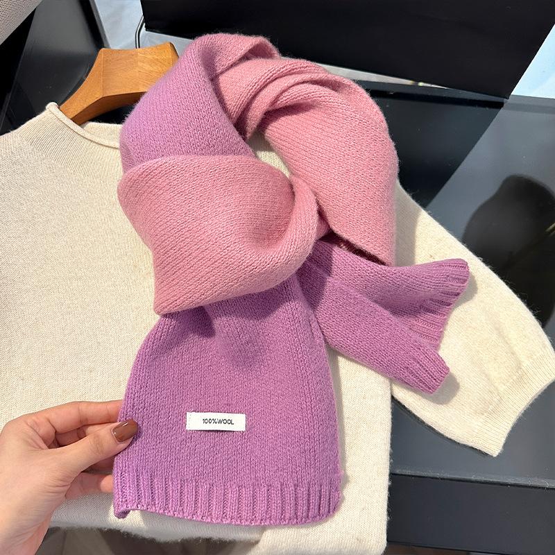 Luxury Winter 100% Wool Knitted Scarf Women Gradient Macaron Cashmere Handkerchief Warm Pashmina Solid Shawl Soft Stole Bufanda