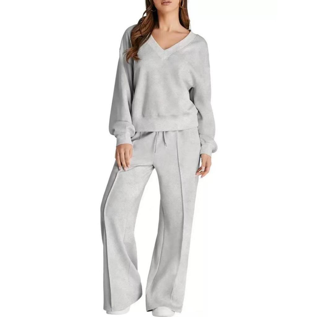 2025 Women's V-Neck Solid Color Casual Suit Set: Sweatshirt & Long Pants - European & American Autumn/Winter Fashion