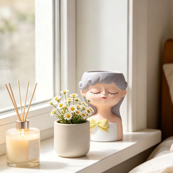 Cute Girl Face Planter, Resin Girl Head Planter, Decorative Small Plant Pot for Succulents Cactus Desk Balcony Decor