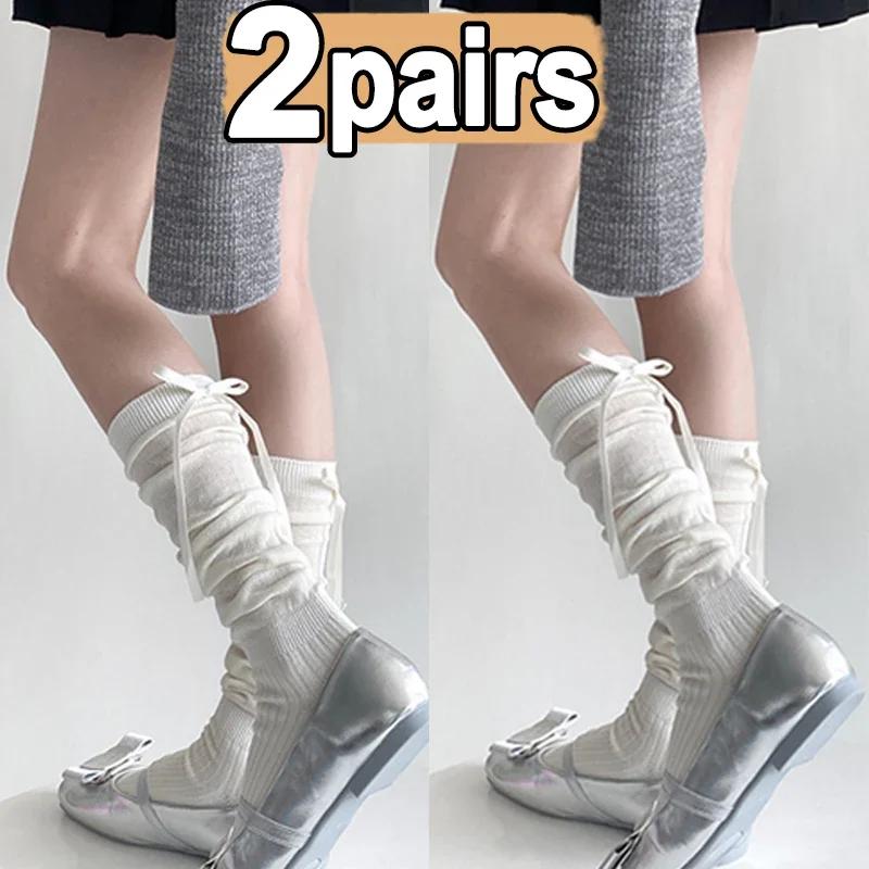 Lolita Long Socks Women Bandage Ribbon Bow Sweet Girls Kawaii Cute Middle Tube Socks Ballet Style Solid Color Black White Socks