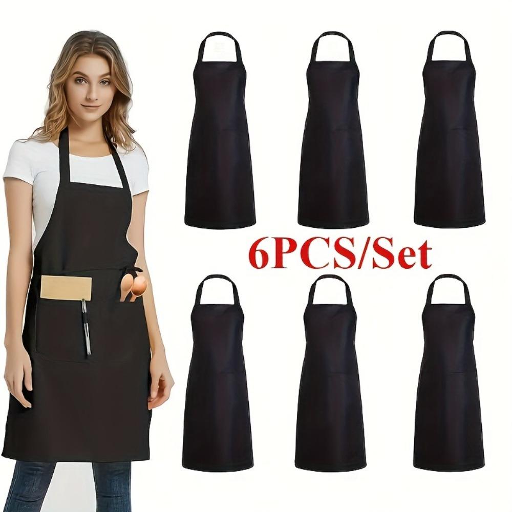6PCS Tablier Mode Haut de Gamme Noir à Grande Poche, Tablier de Cuisine, Parfait pour la Cuisine, le Barbecue et les Activités en Plein Air