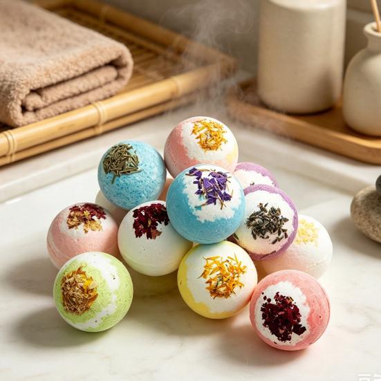 Soothing Bath Bombs 100G Dry Flowers Bombs, Lavender Rose Calendula Essential Natural Ingredients Oils Fizzies Ball, Relaxation Spa Skin Moisturizing