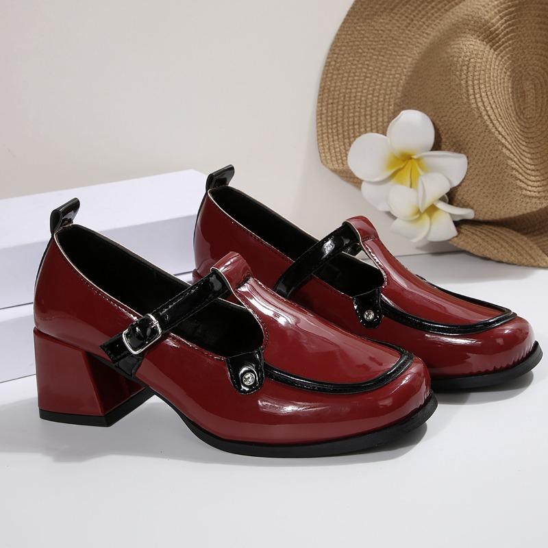 Fashion Fashion One Strap Single Shoes Summer New Round Toe Middle Buckle Rivet Metal Buckle Colorblock Square Heel High Heels
