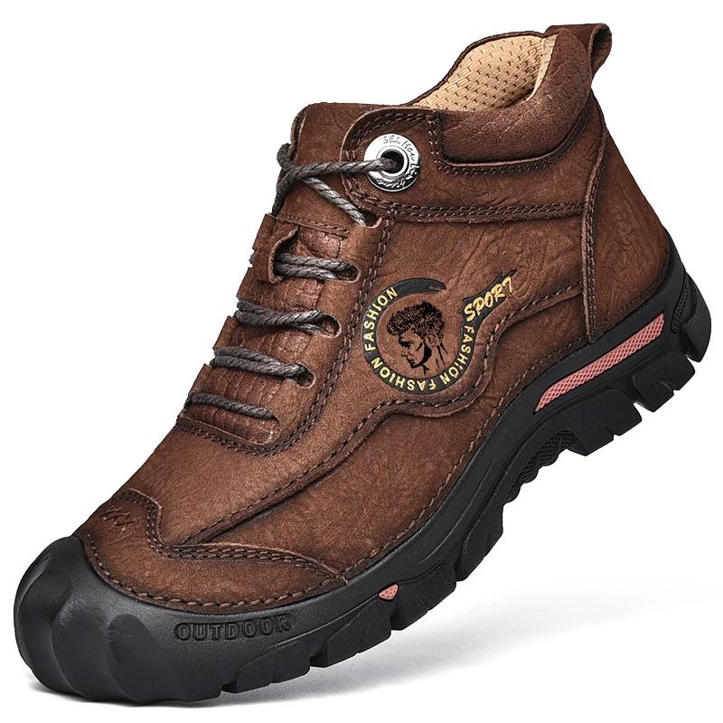 Fashion Winter Outdoor Warm Plush Men's Mountaineering Boots Soft Sole Comfortable Hiking Shoes Ankle Boot Genuine Leather Snow Boots