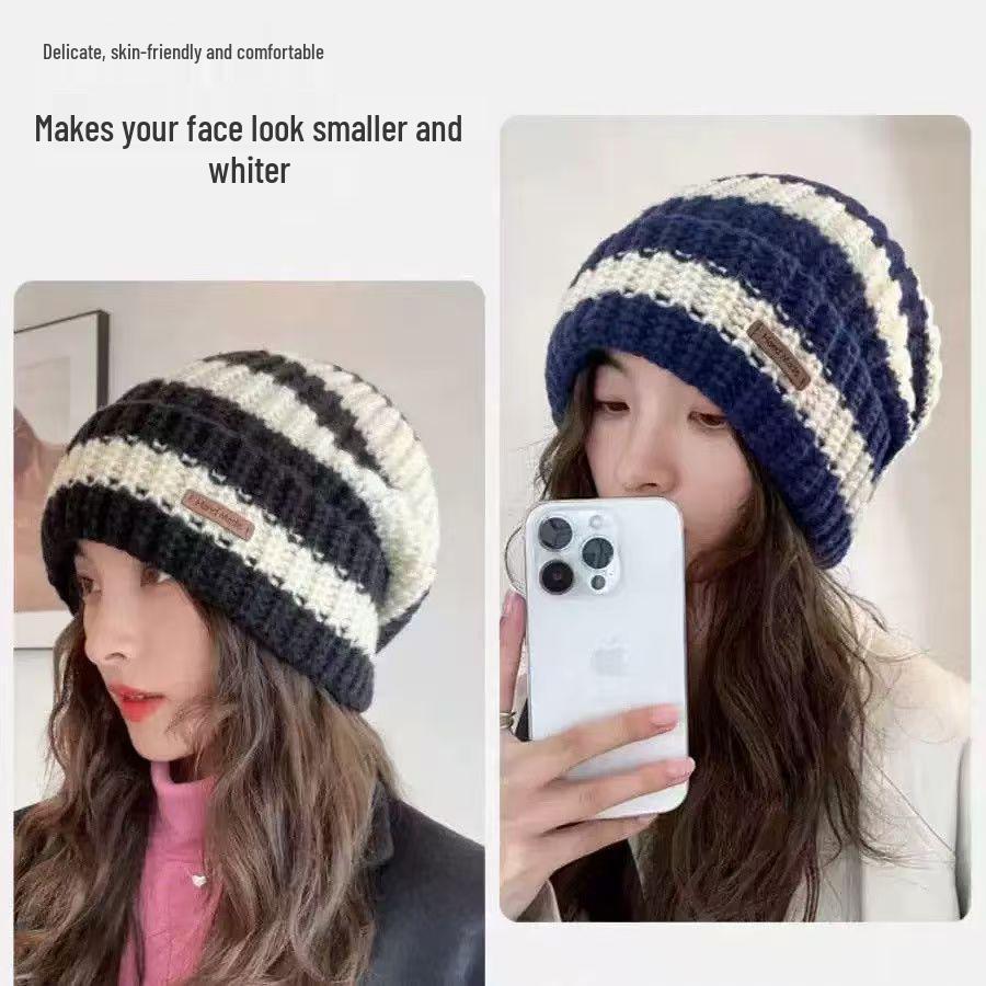 Women's Striped Wool Beanie - Oversized, Warm, Versatile Knitted Hat for Autumn and Winter