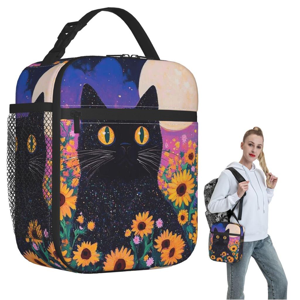 Sunflowers Surround Cat Pattern Insulated Lunch Bag for Women Kids Portable Food Boxes Thermal Lunch Box Tote