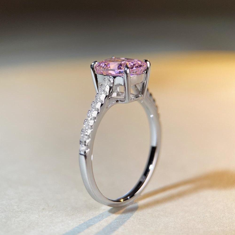 S925 Sterling Silver Pink Radiant Cut Flower Ring for Women - Cute, Sweet, INS Style.