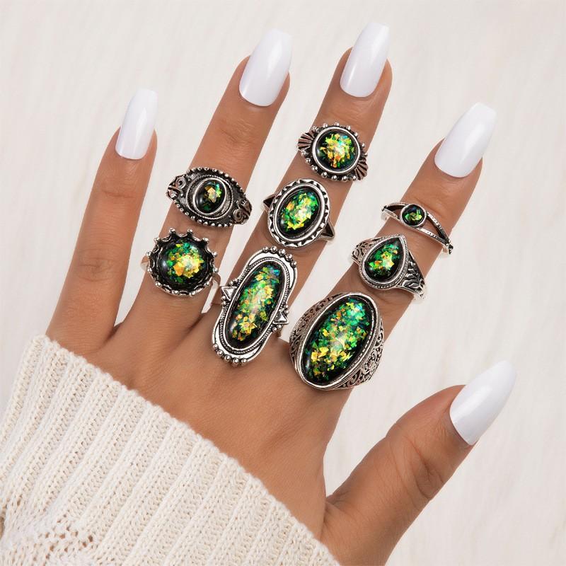 Ethnic style vintage turquoise carved feather ring fashion personality 8-piece combination ring set