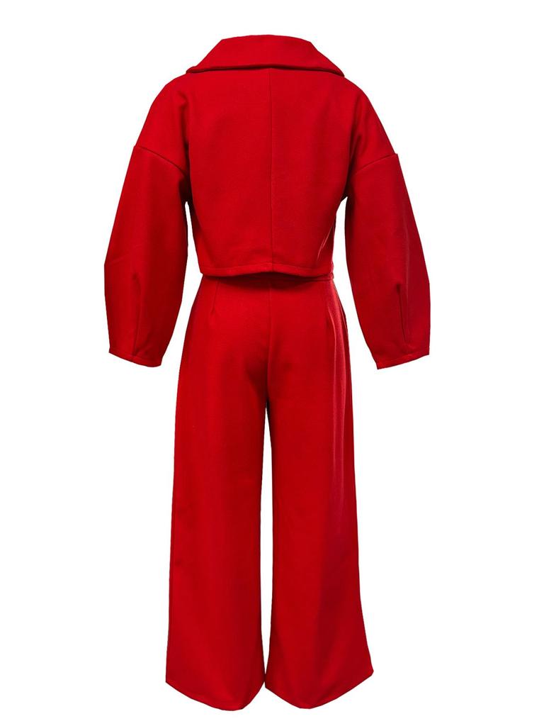 European & American Autumn/Winter Solid Color Wool Lapel Top & Casual Long Pants Set