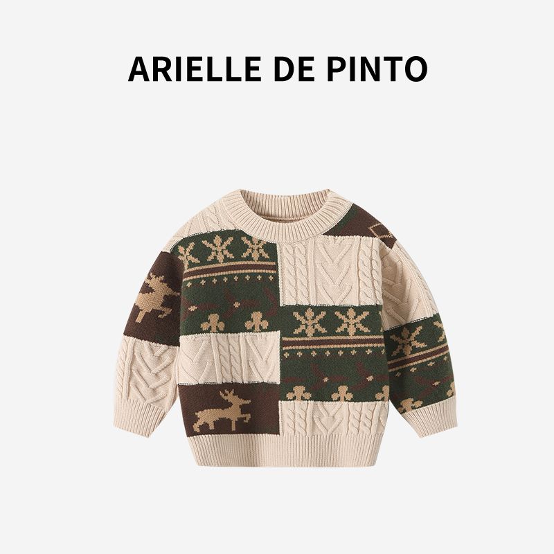 French Arielle De Pinto Kidsren s Sweater Autumn and Winter Versatile Boys  Color-Blocked Twist Deer Knit Sweater Apricot color 150