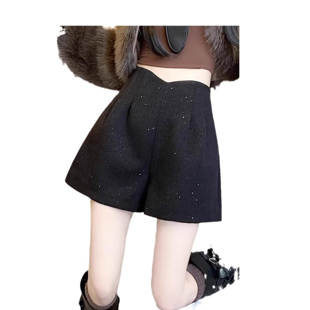 2024 A/W Woolen Sequin High Waist A-line Shorts: Women's Glitter Booty Shorts, Hot Girl Style, Wide Leg