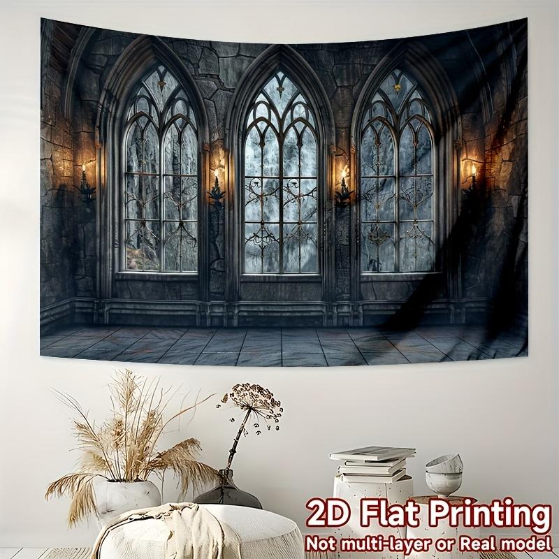 Arazzo Finestra Castello Gotico Piatto 2D Appeso a Parete Medievale Scuro Decorazione per la Casa Arte Gotica Vintage Stampa Piatta 2D Estetica della Stanza