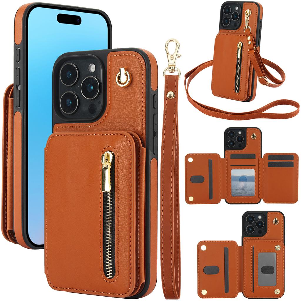Card Slots Zipper Leather Wallet Case Flip Phone Case for IPhone 16 15 14 13 11 12 Pro Max Plus Promax 16e Ring Lanyard Purse