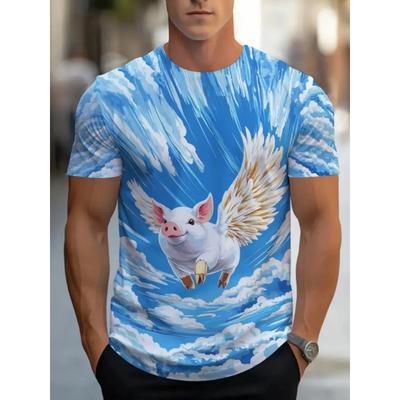 3D Print Men's Funny Flying Pig Graphic T-Shirts Clothes Summer Round Neck Short Sleeve Cute Pig Casual T-shirts